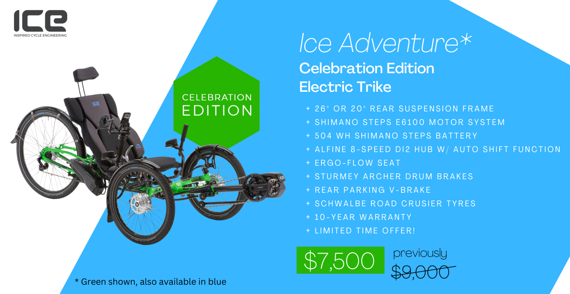 ICE ADVENTURE CELEBRATION ELECTRIC TRIKE WAS $9,000 NOW $7,500. CALL US FOR ADDITIONAL SPECS AT (614)478-7777!