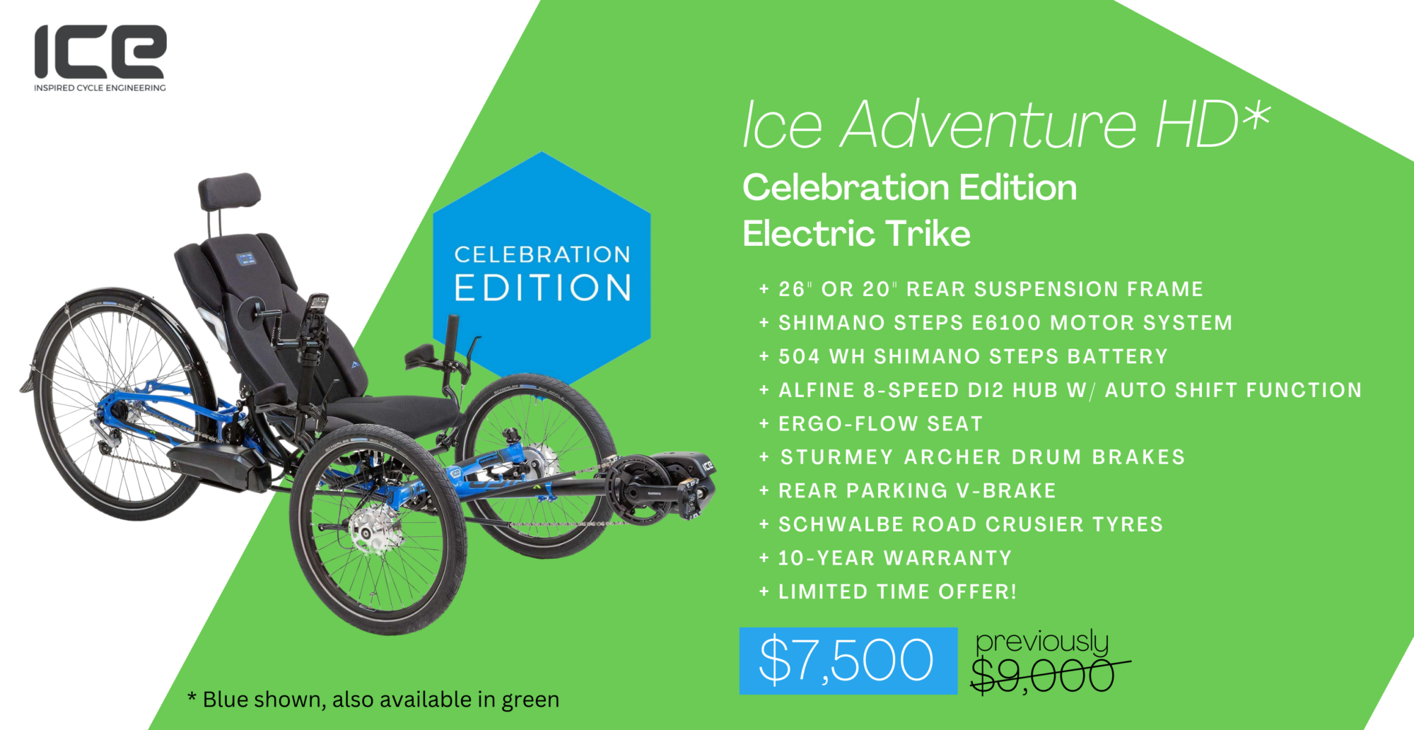 ICE ADVENTURE HD CELEBRATION ELECTRIC TRIKE WAS $9,000 NOW $7,500. CALL US FOR ADDITIONAL SPECS AT (614)478-7777!